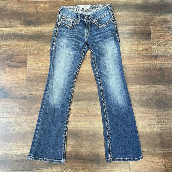 Ariat Real MR Denim Jeans Size 28S Short Low Mid Rise Bootcut Entwined Stretch - Picture 4 of 14